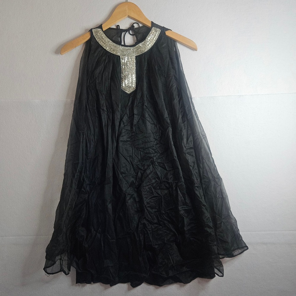 Vtg Black Beaded Bib Trapeze Mod Micro Mini Dress Chiffon Sheer Party L 60s